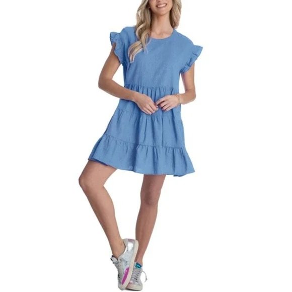 Adyson Parker Linen Blend Tiered Mini Shift Dress Blue Sz M Summer Preppy - Picture 1 of 8